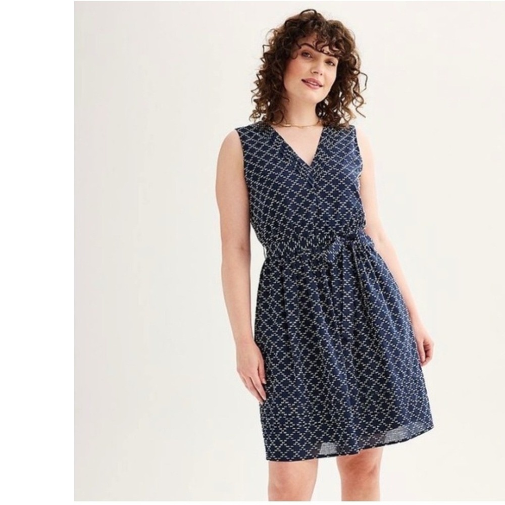 Draper James RSVP Navy Blue White Geometric Sleeveless V-Neck Fit Flare Dress XS